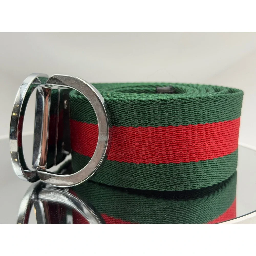 Gucci Green Red Web Stripe Canvas Belt Silver D-Ring Buckle 50 Inch